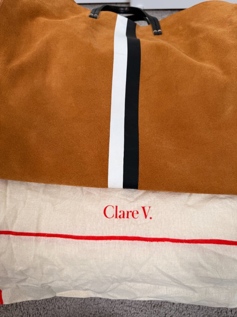 NWOT CLARE V Simple Tote in New Camel Suede with Black/White Stripes - Picture 9 of 9